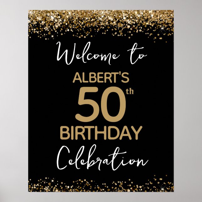 50:e födelsedagen Guld Glitter och Black Welcome Poster (Framsidan)