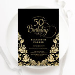 50:e födelsedagen i Svarta Guld Ro Inbjudningar<br><div class="desc">Svarta guld-eleganten 50:e födelsedagsfest inbjudan. Klassdesign med ro,  faux guld-folie och typsnitt för typsnitt. Trendig inbjudan-kortets perfekt för en snyggt kvinnlig dag firande. Anpassa med dina egna detaljer. Kan anpassas till vilken ålder som helst. Skrivna Zazzle-inbjudningar eller digital utskrivbar mall för omedelbar nedladdning.</div>