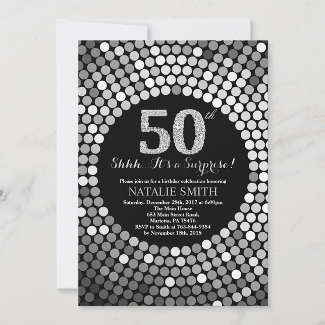 50:e födelsedagen i Svarta och Silver i Glitter Inbjudningar (Framsida)