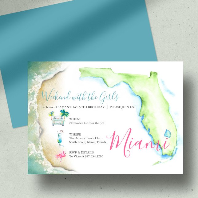 50:e födelsedagen Inbjudan till SydFlorida (50th Birthday Girls Trip Watercolor Illustrated Invitation)