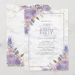 50:e födelsedagen Lavender Lilac Marble Guld Botan Inbjudningar