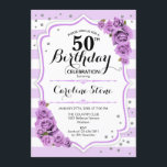 50:e födelsedagen - Lavender White Lila blommor Inbjudningar<br><div class="desc">50:e födelsedagsinbjudan,  Elegant vit lila lavender design med faux glitter. Silver och vitt rand med lila lilac ro. Perfekt för en elegant 50 födelsedagsfester.</div>