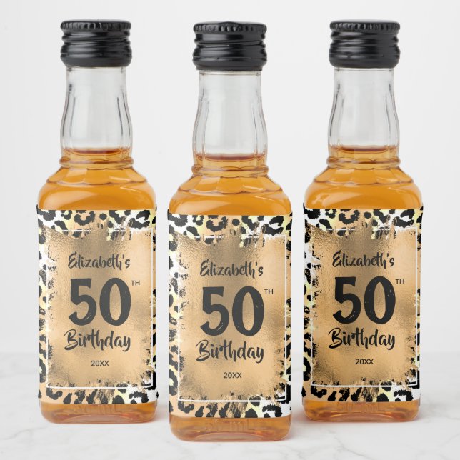 50:e födelsedagen Leopard Mini Guld Anpassningsbar Spritflaskor Etikett (Flaskor)
