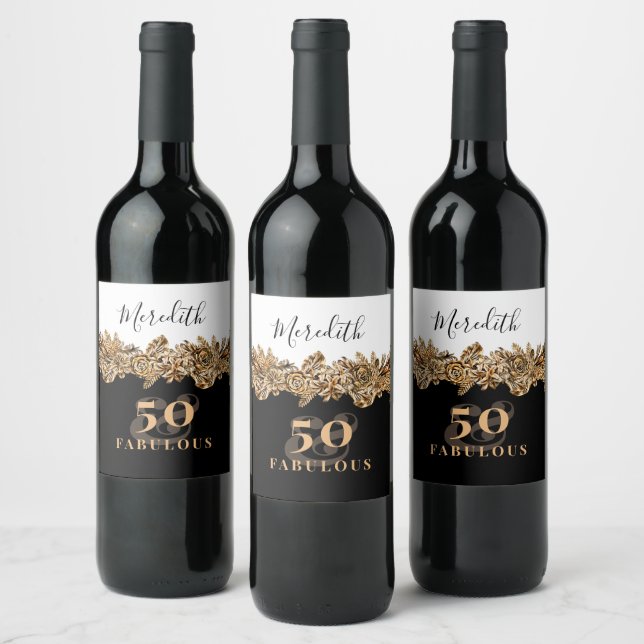 50:e födelsedagen: Luxury Golden Flowers Elegant C Vinflaska Etikett (Flaskor)