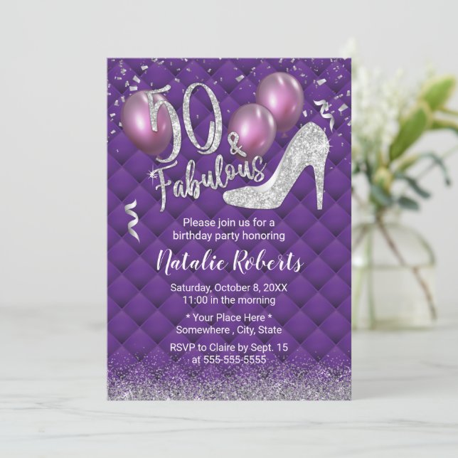 50:e födelsedagen: Luxury Lila & Silver Fabulous 5 Inbjudningar (Stående Fram)