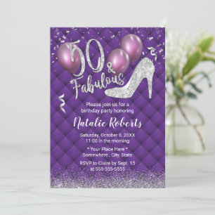 50:e födelsedagen: Luxury Lila & Silver Fabulous 5 Inbjudningar