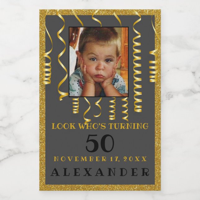 50:e födelsedagen med Photo Guld Glitter-utseende Mat Etikett (Singel etikett)