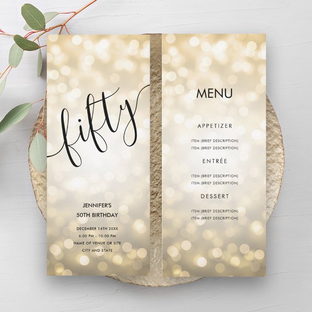 50:e födelsedagen Menu Guld Glitter Ljus Inbjudningar (50th Birthday Menu Gold Glitter Lights Invitation)