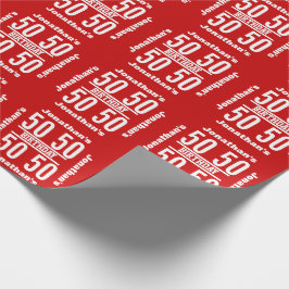 50:e födelsedagen Modern text Design Red White R02 Presentpapper