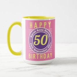 50:e födelsedagen Mugg med åldern, Namn och datum