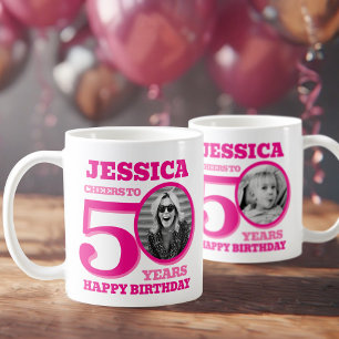 50:e födelsedagen nu och sedan foto namn rosa text kaffemugg