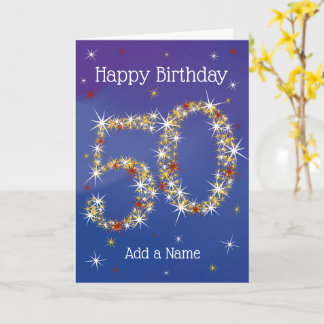 50:e födelsedagen - nummer 50 i stjärnor - blå - å kort