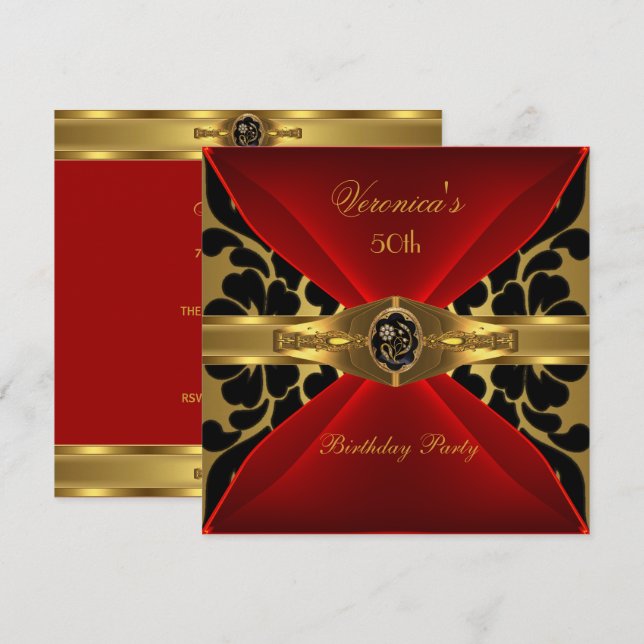 50:e födelsedagen Red Guld Black Damask Blommigt J Inbjudningar (Fram/baksida)