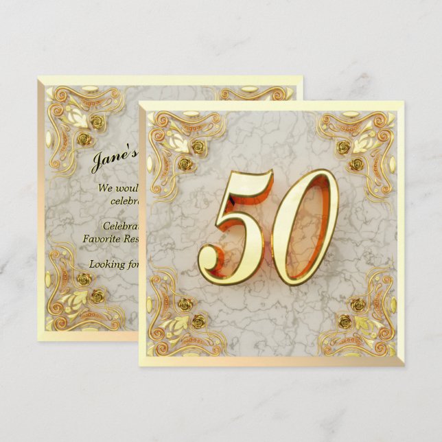 50:e födelsedagen Regal Guld Marble Hälsning eller Inbjudningar (Fram/baksida)