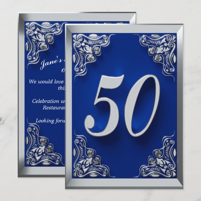 50:e födelsedagen Regal Silver och Blue Inbjudningar (Fram/baksida)