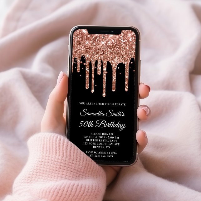 50:e födelsedagen ro Guld, Glitter, svart Inbjudningar (Rose Gold Dripping Glitter Black 50th Birthday Invitation)