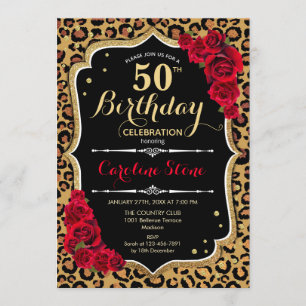 50:e födelsedagen - Röd ros Leopard Skriv ut Inbjudningar
