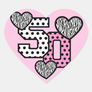 50:e födelsedagen ROSA POLKA DOTS och ZEBRA HEARTS Hjärtformat Klistermärke