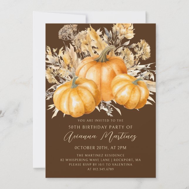 50:e födelsedagen: Rustic Boho Pumpkin Fall Foliag Inbjudningar (Framsida)