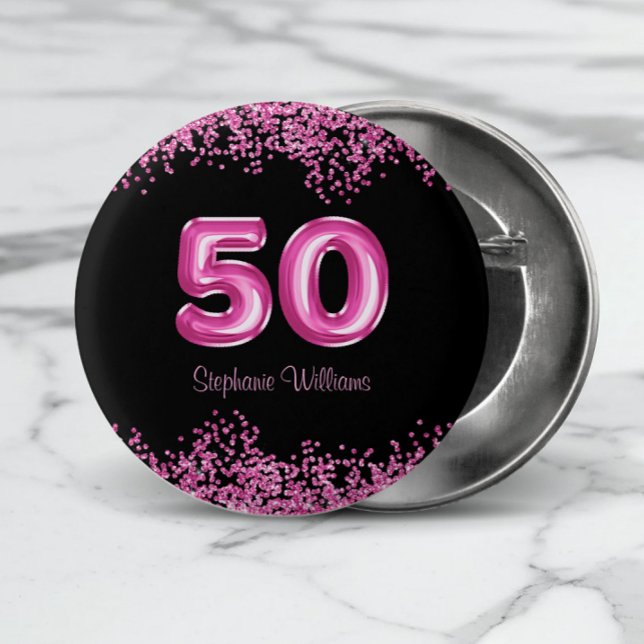 50:e födelsedagen Shock rosa Balloon Font Faux Gli Knapp (Shop the collection for matching partyware and gift items for your 50th Birthday celebrations.)