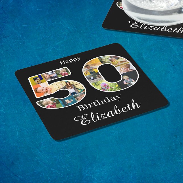 50:e födelsedagen Skapa ditt eget multifoto Underlägg Papper Kvadrat (Personalized 50th birthday party drinks coasters with photo collage.)