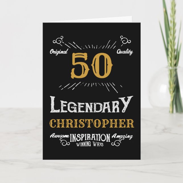 50:e födelsedagen Svartvit Elegant i Guld, nolla Kort (Framsida)
