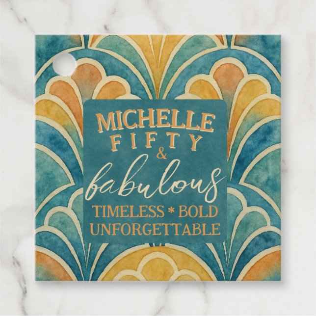 50:e födelsedagen Teal and Guld Art Deco Stil Gåvor Etiketter (Framsida)