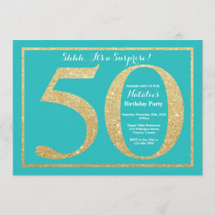 50:e födelsedagen Teal och Guld Glitter Inbjudningar