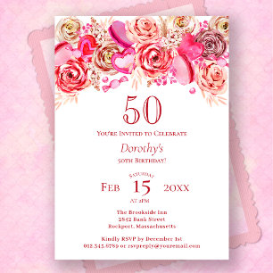 50:e födelsedagen Valentine Rosa ros Swirly Heart Inbjudningar