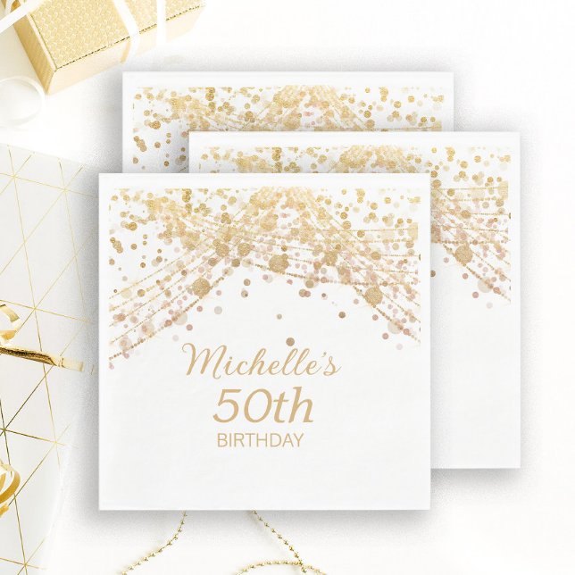 50:e födelsedagen Vita Guld Glitter String Ljus Pappersservett (Skapare uppladdad)
