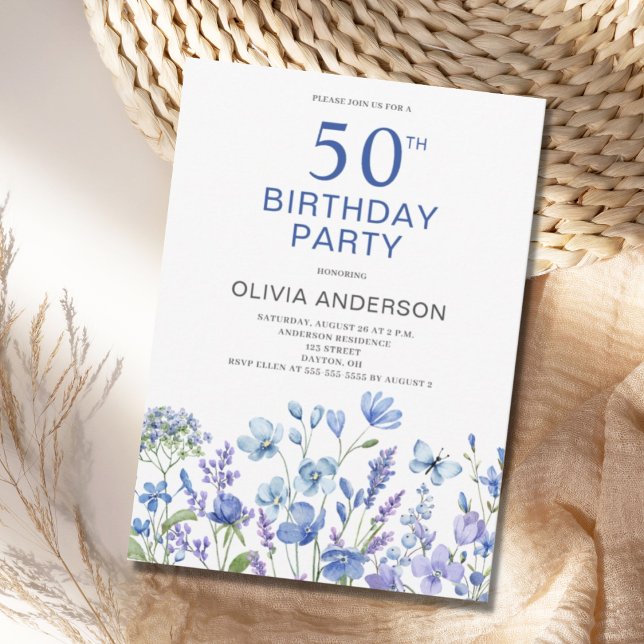 50:e födelsedagsblå Blommigten Botaniska Inbjudningar (Skapare uppladdad)