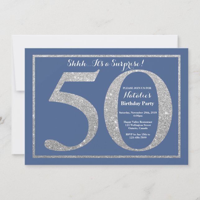 50:e födelsedagsblått och Silver Glitter Inbjudningar (Framsida)