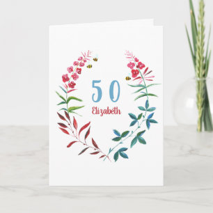 50:e födelsedagsdagen Blommigt Vattenfärg Red Blåa Kort
