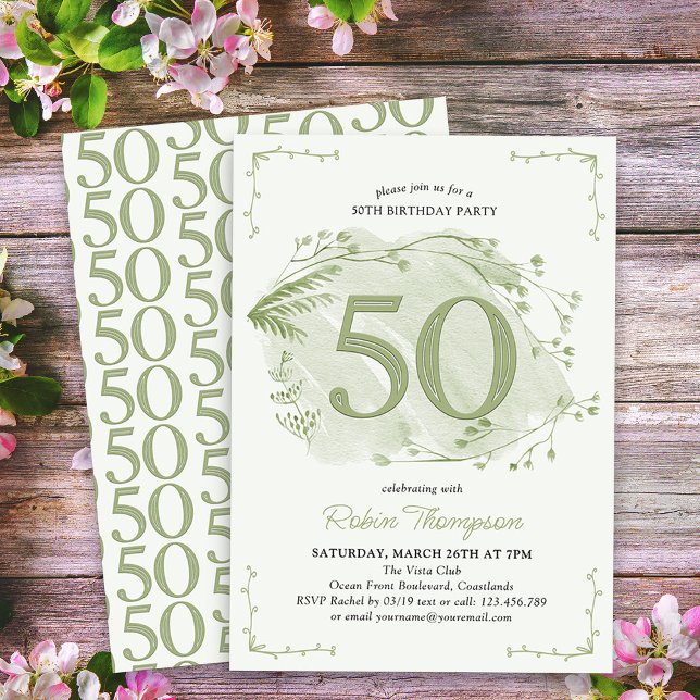 50:e födelsedagsdagen Grönt Dainty Wildblomma numm Inbjudningar (50th Birthday Invitation - buy professionally printed or as digital download for printing or sharing)