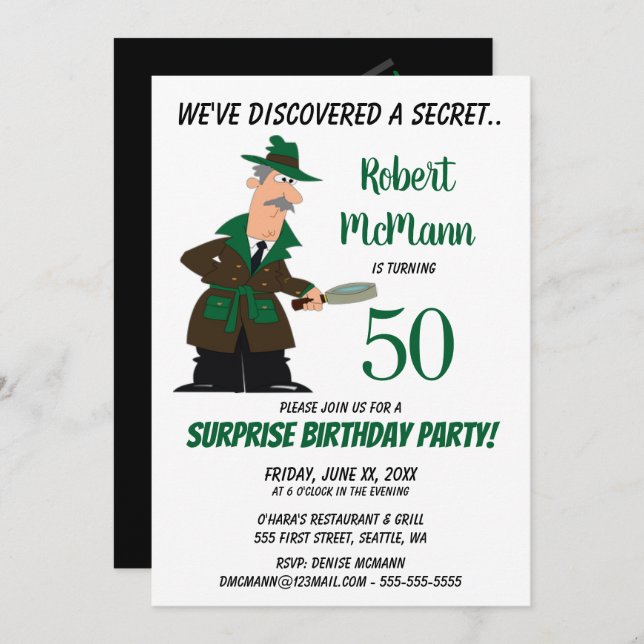 50:e Födelsedagsfest inbjudan - hemlig (Fram/baksida)