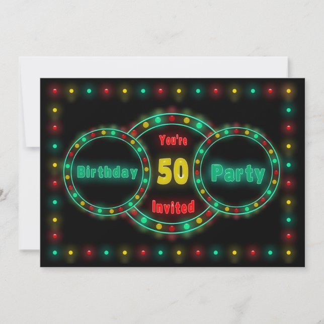 50:E FÖDELSEDAGSFEST INBJUDAN - NEON LJUS (Framsida)