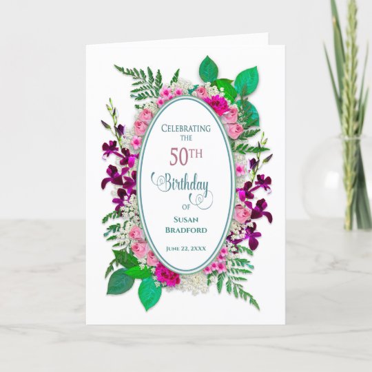 50:e Födelsedagsfest inbjudan, oval med blommor Kort  Zazzle.se
