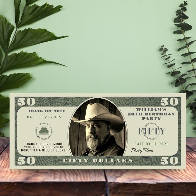 50:e Födelsedagsfesten - 50-dollarns tackkort (50th Birthday Party 50 Dollar Bill Thank You
)