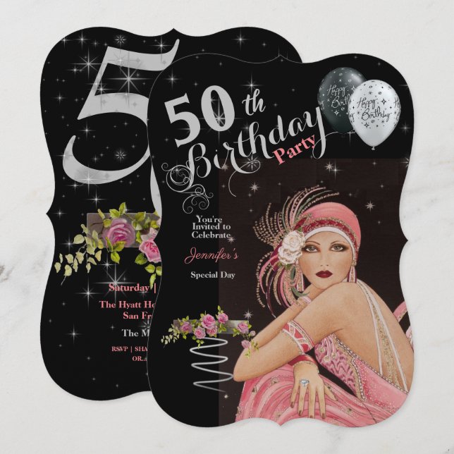 50:e Födelsedagsfesten Art Deco Design Birthday Inbjudningar (Fram/baksida)