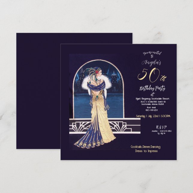 50:e Födelsedagsfesten Art Deco-design Inbjudningar (Fram/baksida)