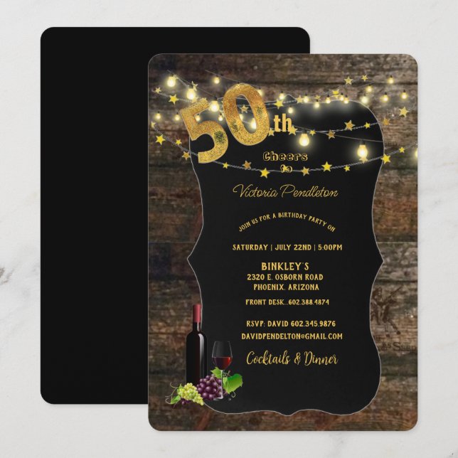 50:e Födelsedagsfesten, Barn Wood, Ljus, Vin Invit Inbjudningar (Fram/baksida)