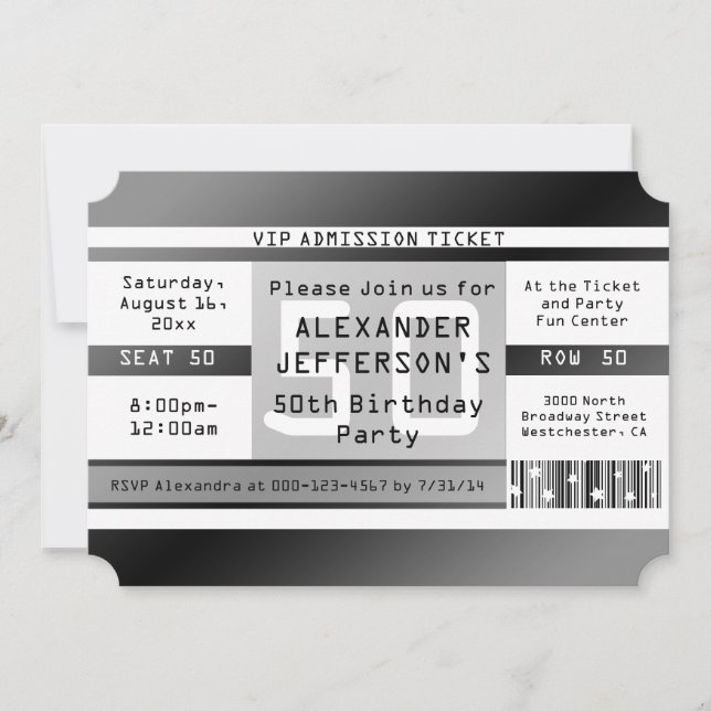 50:e Födelsedagsfesten Biljett formad Inbjudningar (Framsida)