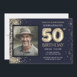 50:e Födelsedagsfesten Blåa Guld Glitter Inbjudningar<br><div class="desc">Elegant Faux guld gräns med skarpa konfettsyror på övre gräns. All text är justerbar och lätt att ändra för dina egna behov i party. Underbar elegant 50-årsformat. faux glitter</div>