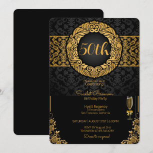 50:e Födelsedagsfesten Black & Guld Elegant Birthd Inbjudningar