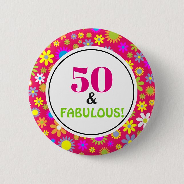 50:e Födelsedagsfesten Blommigt för Fabulous Rosa  Knapp (Framsida)
