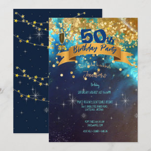 50:e Födelsedagsfesten Blue Guld Sparkles Classy I Inbjudningar