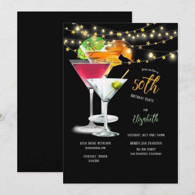 50:e Födelsedagsfesten, Cocktail Glass & Garnacker Inbjudningar (Fram/baksida)