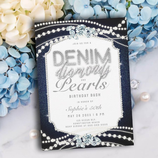 50:e Födelsedagsfesten Denim Diamonds Pearls Ram Inbjudningar (denim and diamonds pearls 50th birthday invitations women elegant frame classy bling glitz glam chic)