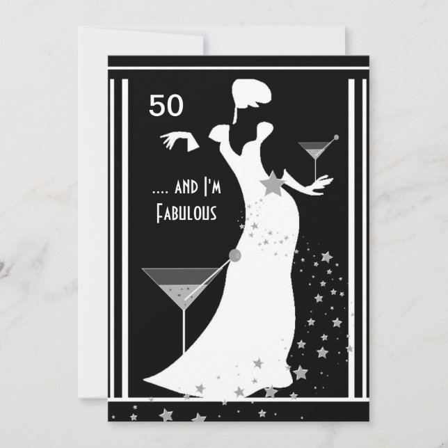 50:e Födelsedagsfesten Diva Art deco Black White Inbjudningar (Framsida)