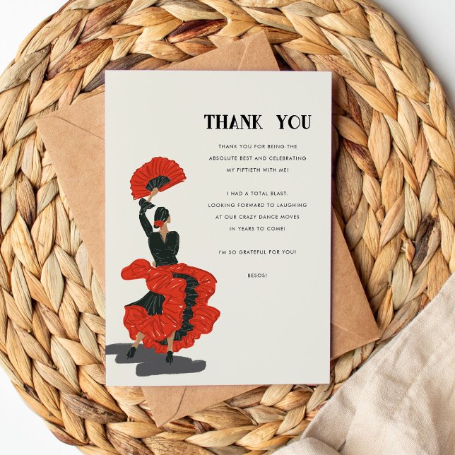 50:e Födelsedagsfesten Flamenco Dancer Tack Kort (Red and black flamenco dancer illustration Thank You flat card.)